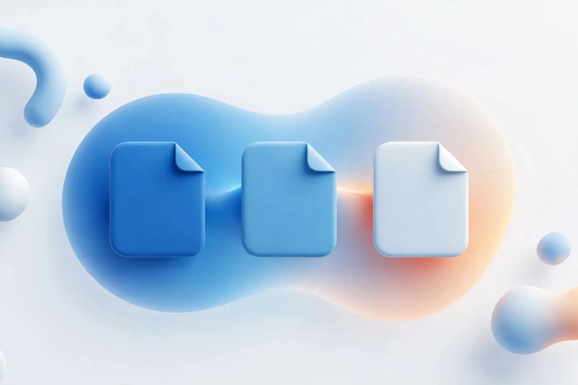 Three rounded 3D file tiles in deep blue, sky blue and white pass through a soft flowing gradient shape that shifts…