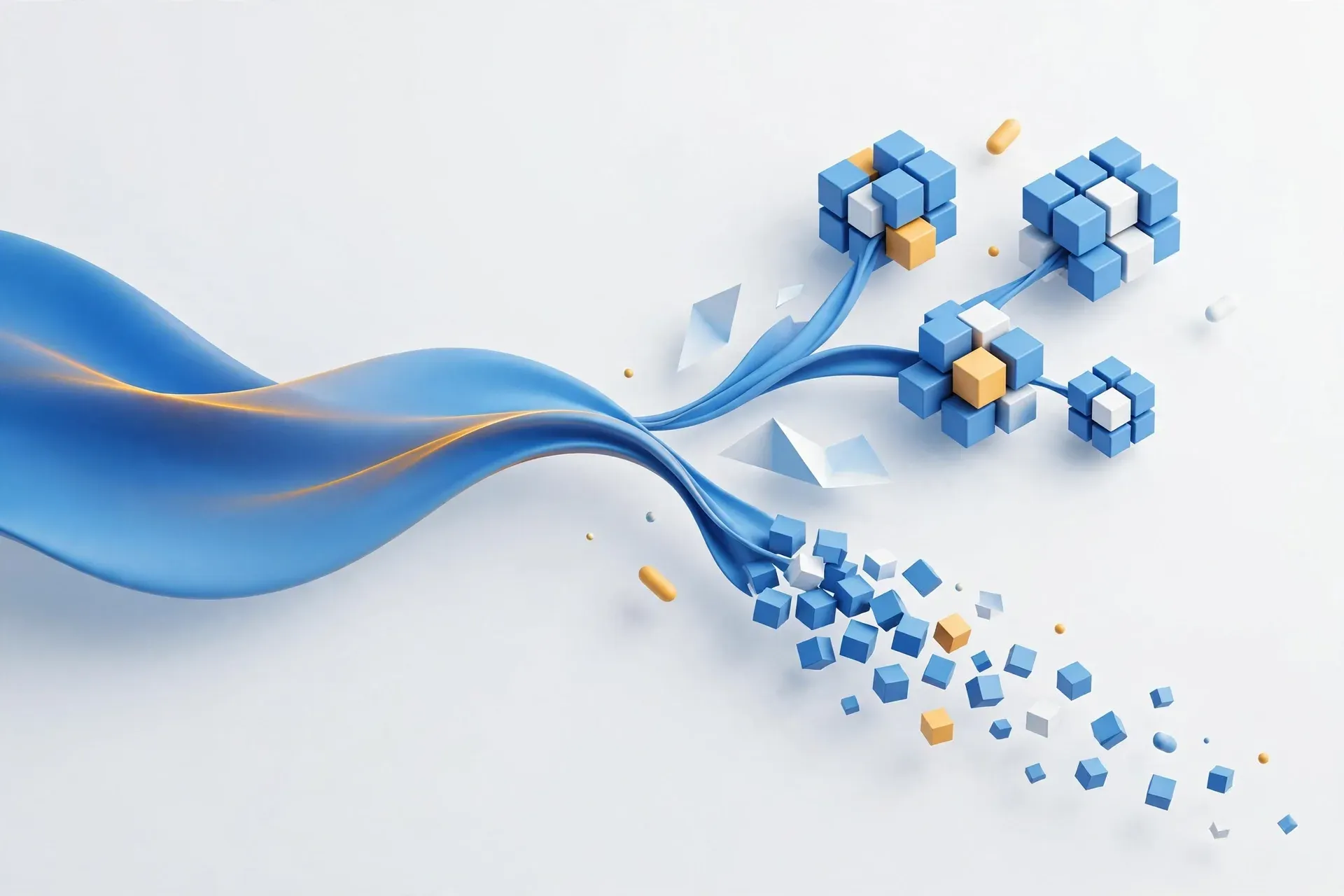 A soft 3D blue ribbon flowing in from the left and splitting into two paths: one strand forms neat clustered groups of…