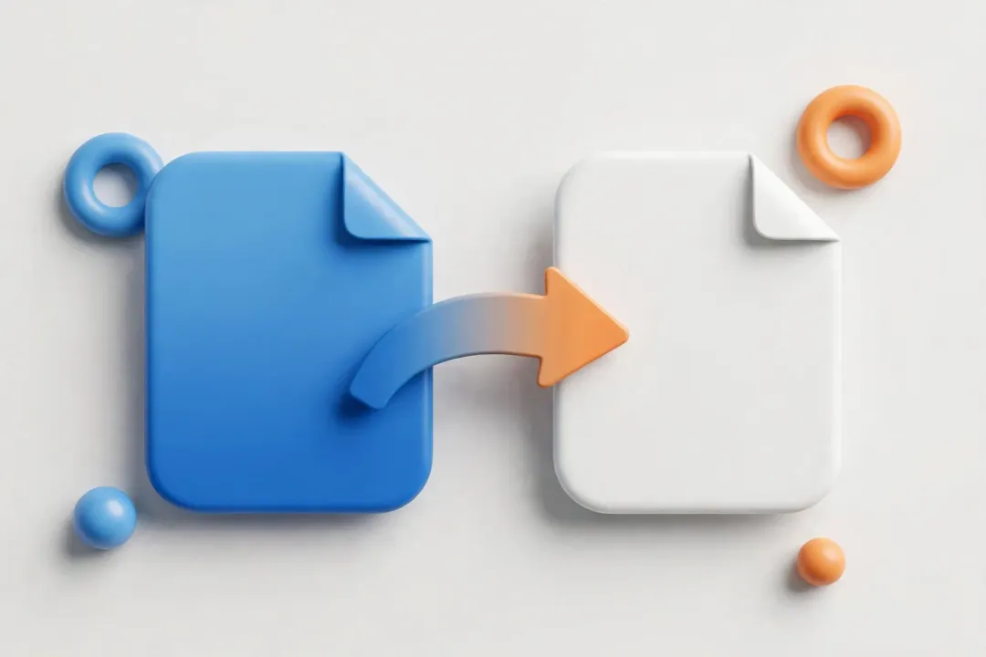 Dos fichas de archivo redondeadas en 3D, una azul y otra blanca, conectadas por una flecha curva con degradado de azul a naranja sobre un fondo blanco roto…