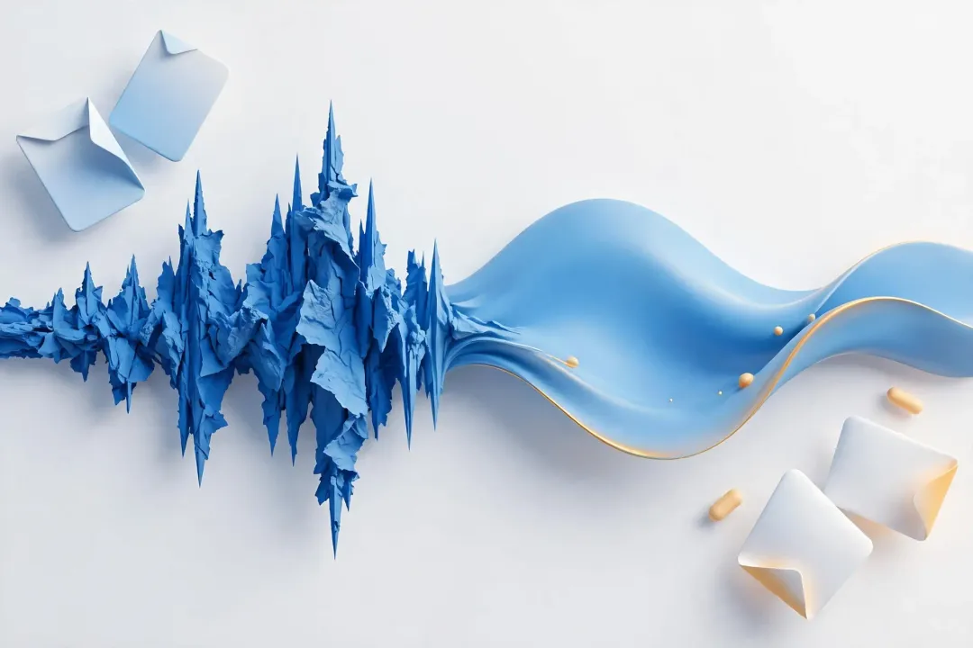 Ilustrasi gelombang audio 3D abstrak: pita biru bergerigi dan kusut yang mewakili audio bising di sebelah kiri…