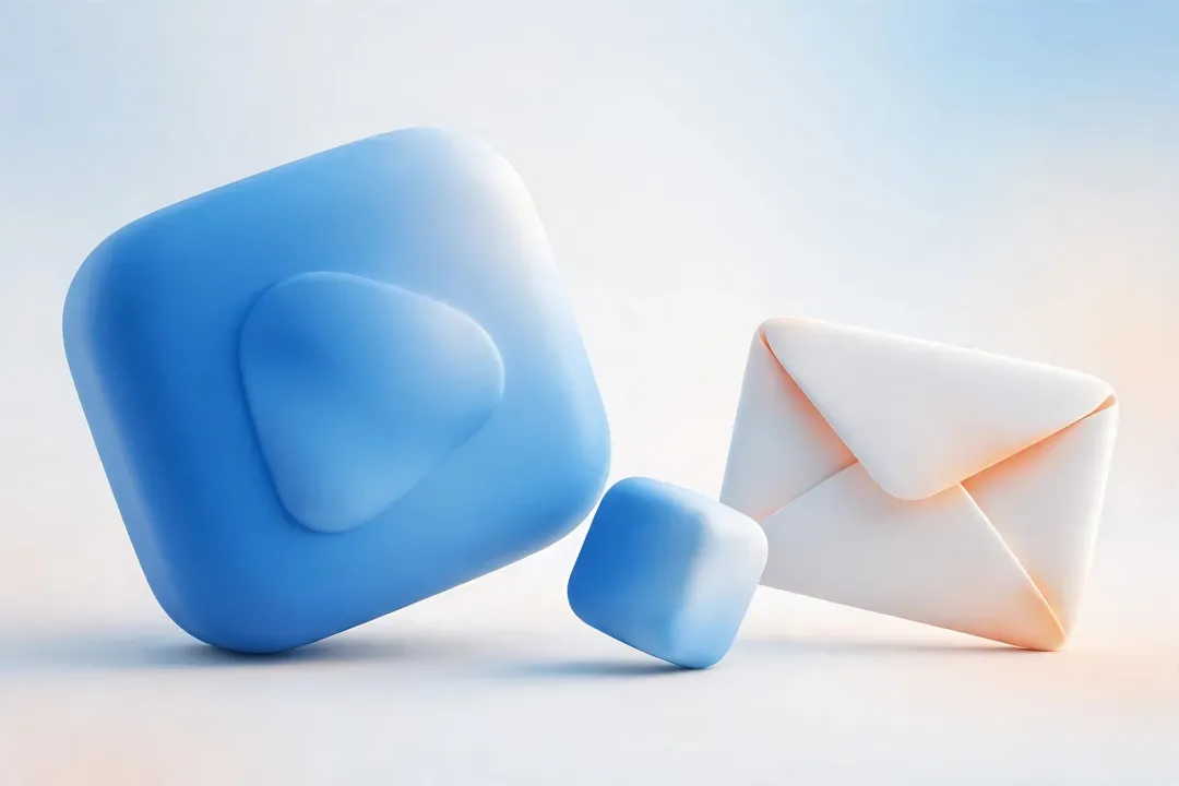 柔和的 3D 插图：一个巨大的蓝色圆角视频播放立方体缩小成旁边较小的立方体，旁边还有一个白色信封……